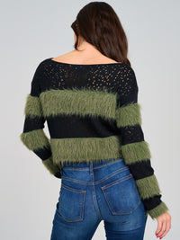 WOMEN'S LONG SLEEVE COLORBLOCK KNIT FUZZY PULLOVER SWEATER