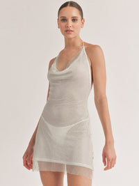 WOMEN'S SLEEVELESS HALTER NECK OPEN BACK MESH SEQUINS NET MINI DRESS
