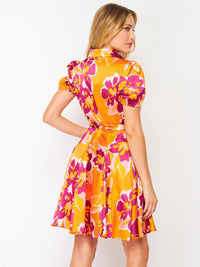 WOMEN'S SHORT SLEEVE BUTTON UP SELF TIE MULTI PRINT MINI DRESS