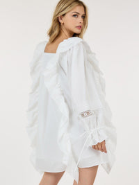 WOMEN'S LONG SLEEVE TUNIC FRONT POCKETS RUFFLE MINI DRESS