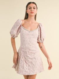 WOMEN'S SHORT PUFF SLEEVE FLORAL DETAILED MINI DRESS