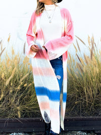 WOMEN'S LONG SLEEVE OPEN FRONT COLORBLOCK STRIPES KNIT DISTRESS CARDIGAN