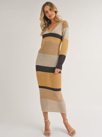WOMEN'S LONG SLEEVE V-NECK KNIT STRIPES COLORBLOCK BODYCON MAXI DRESS