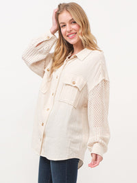 WOMEN'S LONG EYELET SLEEVE BUTTON UP FRONT POCKETS SHIRT