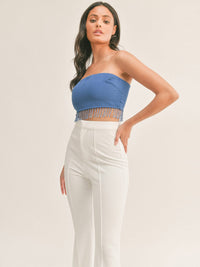 WOMEN'S SLEEVELESS RHIMESTONES FRINGE CROP TUBE TOP