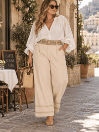 PLUS SIZE BUTTON CLOSURE ELASTIC EMBROIDERY WAIST FRONT POCKETS WIDE LEG PANTS