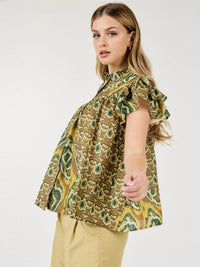 WOMEN'S SHORT RUFFLE SLEEVE BUTTON CLOSURE MULTI PRINT BLOUSE TOP