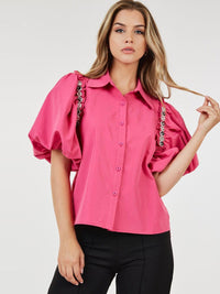 WOMEN'S SHORT PUFF SLEEVE BUTTON CLOSURE STUDS BLOUSE TOP