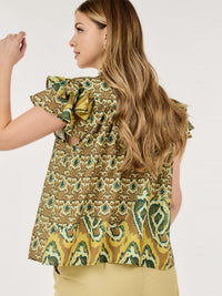 WOMEN'S SHORT RUFFLE SLEEVE BUTTON CLOSURE MULTI PRINT BLOUSE TOP