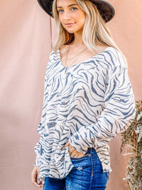 WOMEN'S LONG SLEEVE V-NECK ZEBRA PRINT TOP
