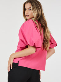 WOMEN'S SHORT PUFF SLEEVE BUTTON CLOSURE STUDS BLOUSE TOP