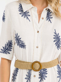 WOMEN'S SHORT SLEEVE BUTTON UP BELTED EMBROIDERY LINEN MAXI DRESS