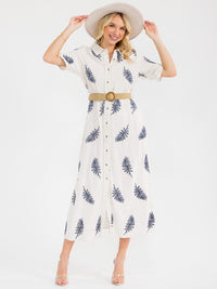 WOMEN'S SHORT SLEEVE BUTTON UP BELTED EMBROIDERY LINEN MAXI DRESS