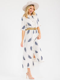 WOMEN'S SHORT SLEEVE BUTTON UP BELTED EMBROIDERY LINEN MAXI DRESS