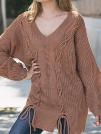 WOMEN'S LONG SLEEVE V-NECK CABLE KNIT PULLOVER SWEATER