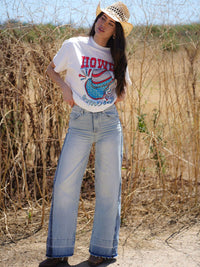 WOMEN'S BUTTON CLOSURE POCKETS TWO TONE DENIM WIDE LEG PANTS