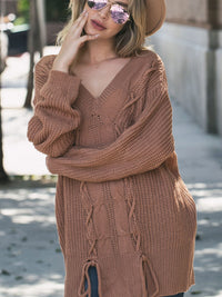 WOMEN'S LONG SLEEVE V-NECK CABLE KNIT PULLOVER SWEATER