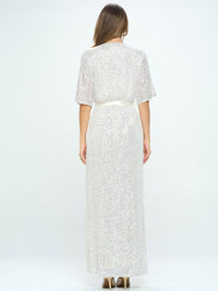 WOMEN'S SHORT SLEEVE SURPLICE SELF TIE SEQUINS MAXI DRESS
