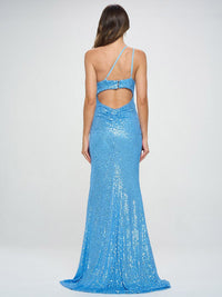WOMEN'S SLEEVELESS ONE SHOULDER SIDE SLIT BODYCON SEQUINS MAXI DRESS