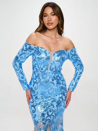 WOMEN'S LONG SLEEVE OFF SHOULDER BODYCON SEQUINS MAXI GOWN DRESS