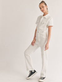 WOMEN'S SHORT SLEEVE BUTTON CLOSURE POCKETS DENIM JUMPSUIT