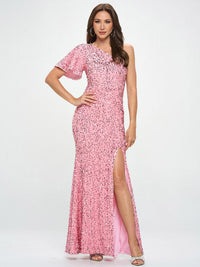 WOMEN'S ONE SHOULDER SIDE SLIT BODYCON SEQUINS MAXI DRESS