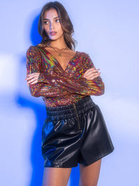 WOMEN'S LONG SLEEVE FRONT RUCHING SEQUINS BODYSUIT