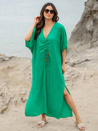 WOMEN'S SHORT SLEEVE V-NECK RUCHED TUNIC MAXI DRESS
