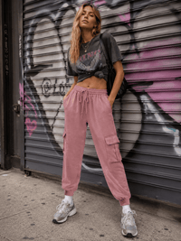 WOMEN'S ELASTIC WAIST CARGO POCKETS JOGGER LEG PANTS