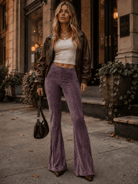 WOMEN'S ELASTIC WAIST BELL LEG VELVET PANTS