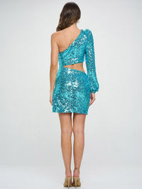 WOMEN'S LONG SLEEVE ONE SHOULDER CUT OUT SEQUINS MINI DRESS