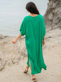 WOMEN'S SHORT SLEEVE V-NECK RUCHED TUNIC MAXI DRESS