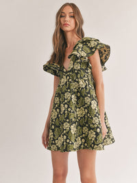 WOMEN'S RUFFLE SLEEVE V-NECK FIT & FLARE FLORAL OPEN BACK JACQUARD MINI DRESS
