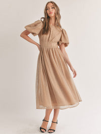 WOMEN'S SHORT PUFF SLEEVE ELASTIC WAIST OPEN BACK MAXI DRESS