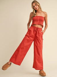 WOMEN'S SMOCK CROP TOP & WIDE LEG PANTS SOLID 2PC. SET