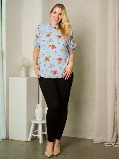 PLUS SIZE SHORT RUFFLE SLEEVE MOCK NECK FLORAL TOP