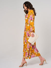 WOMEN'S LONG SLEEVE ELASTIC WAIST FLORAL MAXI DRESS