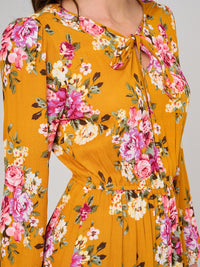 WOMEN'S LONG SLEEVE ELASTIC WAIST FLORAL MAXI DRESS