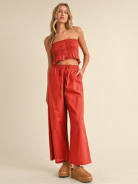 WOMEN'S SMOCK CROP TOP & WIDE LEG PANTS SOLID 2PC. SET