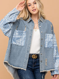 WOMEN'S LONG SLEEVE BUTTON CLOSURE FRONT POCKETS HIGH-LOW DENIM CONTRAST JACKET