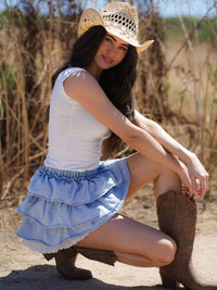 WOMEN'S ELASTIC WAIST TIERED RUFFLE DENIM MINI SKIRT