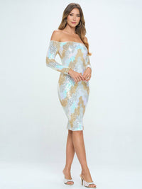 WOMEN'S LONG SLEEVE OFF SHOULDER BODYCON MULTI SEQUINS MIDI DRESS