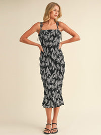 WOMEN'S SLEEVELESS ADJUSTABLE STRAPS RUCHED FLORAL MAXI DRESS