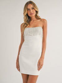 WOMEN'S SLEEVELESS RHIMESTONES FRINGE TUBE MINI DRESS