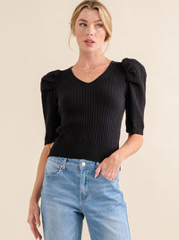 WOMEN'S SHORT PUFF SLEEVE V-NECK RIBBED BLOUSE
