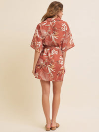 WOMEN'S SHORT SLEEVE BUTTON UP BELTED FRONT POCKETS FLORAL MINI DRESS