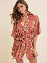 WOMEN'S SHORT SLEEVE BUTTON UP BELTED FRONT POCKETS FLORAL MINI DRESS
