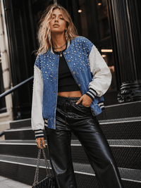 WOMEN'S LONG SLEEVE BUTTON UP FRONT POCKETS DENIM PEARL JACKET