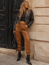 WOMEN'S ELASTIC WAIST FRONT POCKETS JOGGER LEG PU PLEATHER PANTS