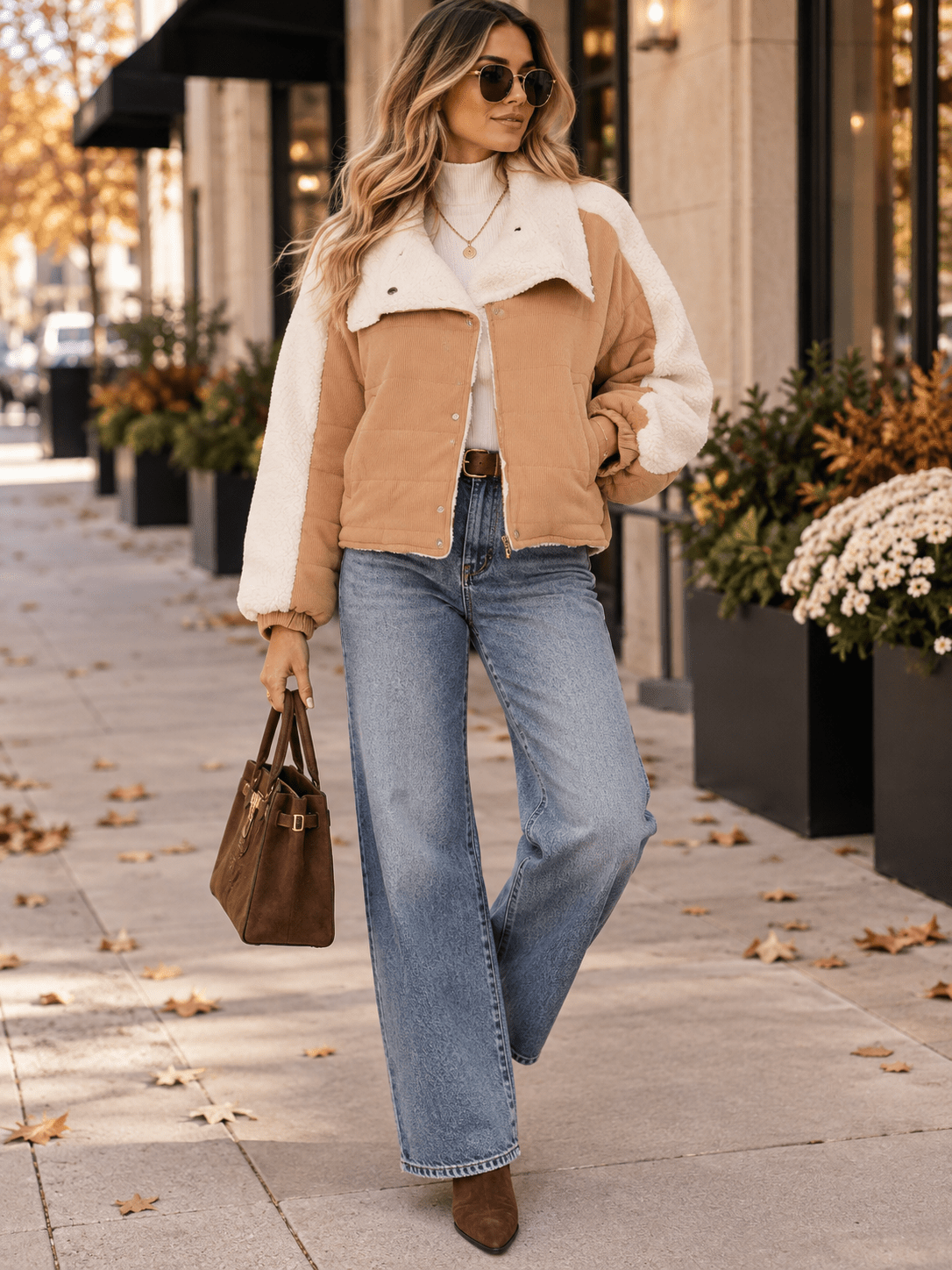 WOMEN'S LONG SLEEVE ZIPPER CLOSURE FRONT POCKET SHERPA CONTRAST